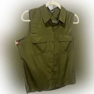 Express Olive Green (Black Embroidery on back) Sleeveless Button Down Blouse